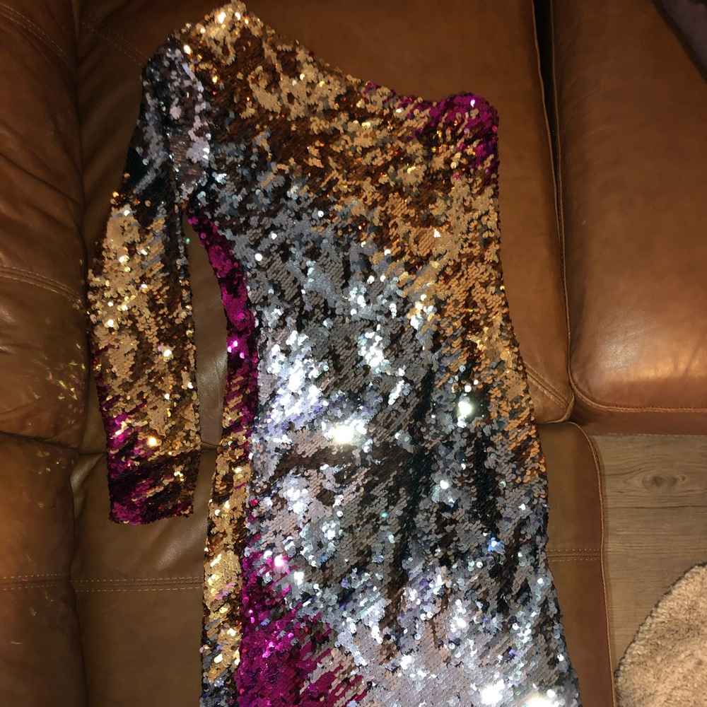 Sequin one-sleeve dress, custom handmade. Size XS